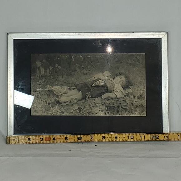 Vintage B&W Print Boy Sleeping in Grass Scene Framed Wall Art Countryside 17x10 - Picture 3 of 4